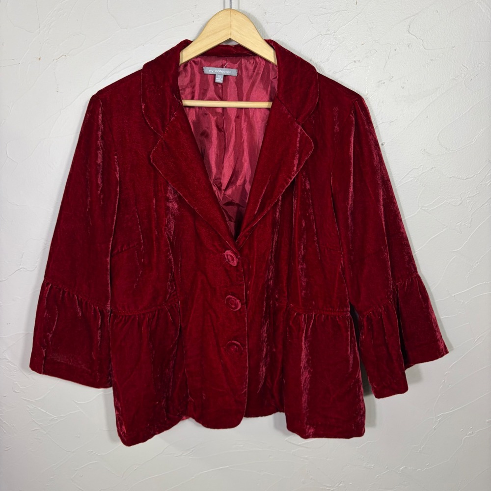 NY Collection‎ Velvet Blazer Women XL Red Ruffle Flared Sleeve Peplum Vamp Goth